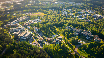 Aerial View of the Campus of Jyväskylä University Nestled Amongst Green Landscapes - obrazy, fototapety, plakaty