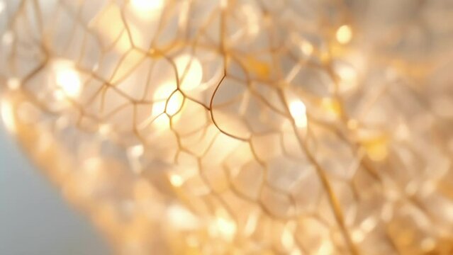 A closeup of a light fixture reveals a weblike pattern intricately woven with thin flexible strands that resemble spider silk. This bioinspired material not only creates a