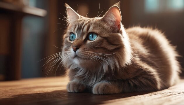 A serene domestic cat with striking blue eyes gazes into the distance. The warm indoor lighting highlights its fluffy tabby fur and sharp, attentive whiskers. AI generation AI generation