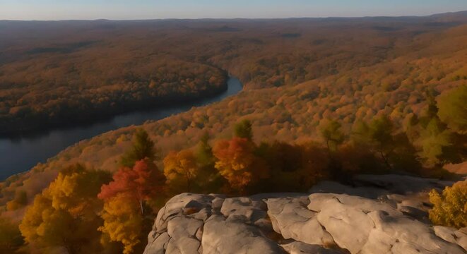 diche veduta aerea di foresta di conifere , panorama rilassante di alberi visti dall'alto, Volo su una valle di alberi coolorati dall'autunno , fiume sinuoso in mezzo