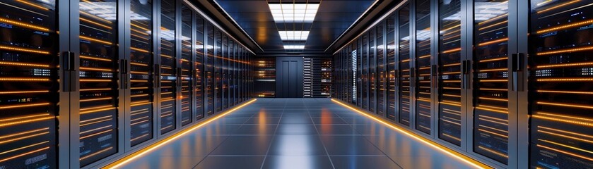 Data Center Interior, interior of a high-tech data center filled with rows of servers, racks, and networking equipment, generative AI