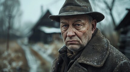 wide angle portrait of a poor old german farmer in front of a barn - obrazy, fototapety, plakaty