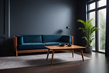 A pastel dark mat color sofa against white wall with white ceiling. Scandinavian loft home interior design of modern living room in minimalist studio apartment, near the window