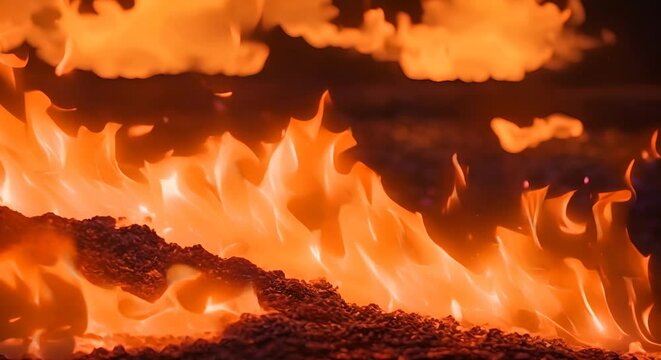 primo piano di legna che arde in loop , fal&ograve; con legna incendiata al tramonto su sfondo sfocato,