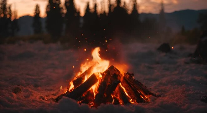 primo piano di legna che arde in loop , fal&ograve; con legna incendiata al tramonto su sfondo sfocato,