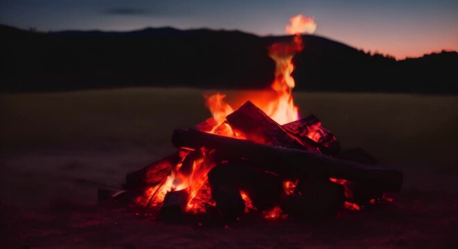 primo piano di legna che arde in loop , fal&ograve; con legna incendiata al tramonto su sfondo sfocato,
