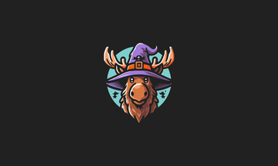 head moose wearing hat witch vector mascot design
