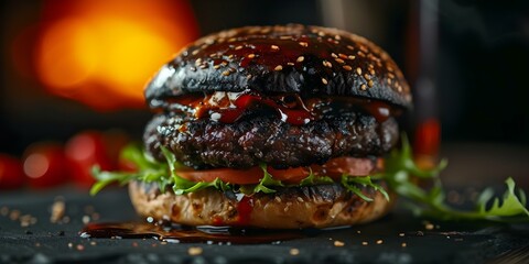 An unpalatable burnt burger with charred ingredients and unhealthy meat. Concept Unappetizing Food, Burnt Burger, Charred Ingredients, Unhealthy Meat - obrazy, fototapety, plakaty