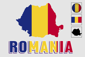 Romania flag and map in a vector graphic