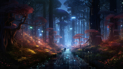 A cybernetic forest with glowing trees 