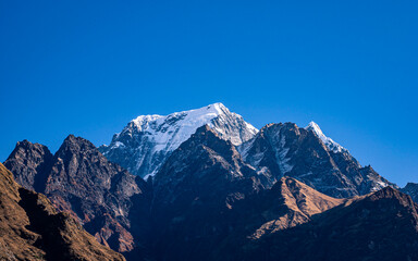 Landscape view of snow covered mountains in Nepal.