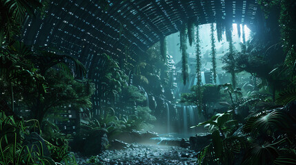 A cybernetic jungle where nature and technology