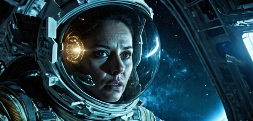 woman is astronaut suit, astronaut in space in space station, oppressive confinement and fear of...