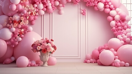 wedding birthday pink color decoration with pink balloons 3d render