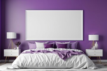 Mock up poster frame in purple bedroom interior. Girly Interior design. 3d render