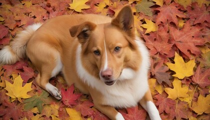 Dog laying down on maple leaves