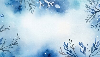 Fototapeta na wymiar Floral winter watercolor background in blue with beautiful snow