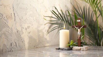palm leaves, jesus cross and candles on the wall.