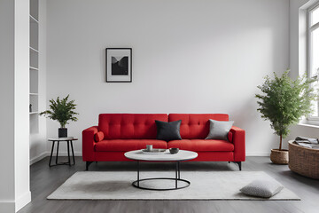 Commercial Photography, A pastel dark mat red color sofa against white wall with white ceiling. Scandinavian loft home interior design of modern living room in minimalist studio apartment, near the wi