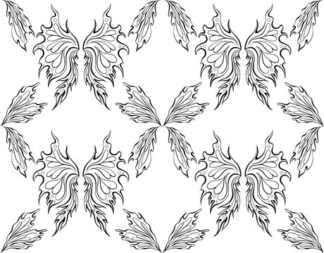 Vector monochrome pattern with tracery fairy wings. Texture with black contour fairy wings on a white background. Entomology surface design.