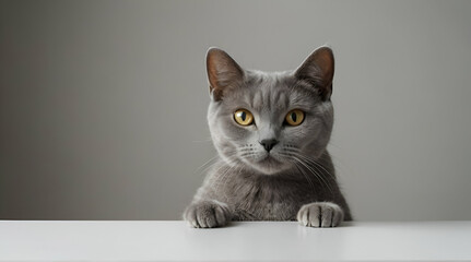 beautiful funny grey British cat peeking out from behind a white table with   geneative ai 