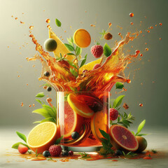 Glass cup and splash of delicious herbal drink against color background