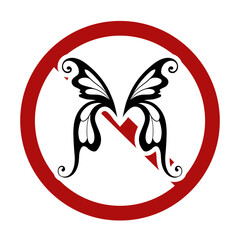 Vector prohibition sign with silhouette of butterfly wings. Insects are banned. Sticker for dichlorvos. Black silhouette wings in forbidden badge isolated from background - 763785858
