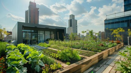 Fototapeta premium Lush rooftop garden with a variety of plants and vegetables, urban skyline in the background