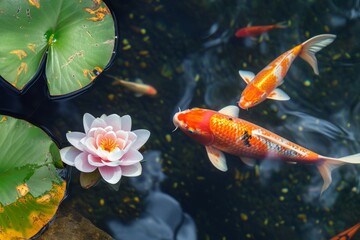 Obraz na płótnie Canvas Koi Fish Swimming in a Pond with Lilies. Generative AI