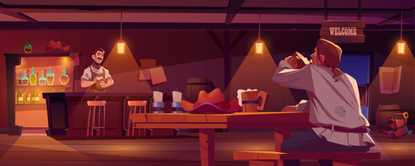Naklejka premium Old western saloon interior and man on wood table. Country tavern game illustration and welcome barman on wild west. Vintage lamp light and peasant character with beer on desk in pub illustration.