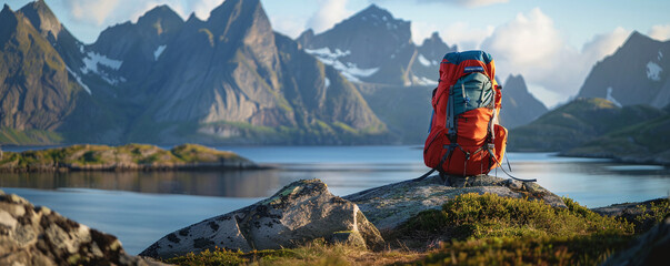 The suitcase of a tourist who went hiking in a valley with a beautiful view. Ai generate. - obrazy, fototapety, plakaty