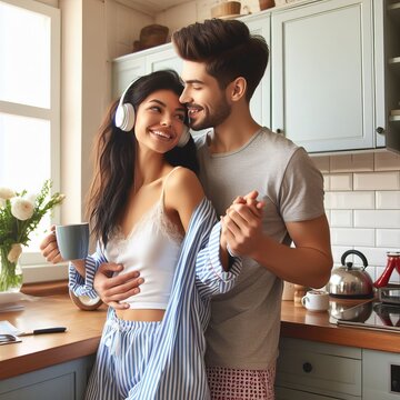 With headphones on, a woman shares a song with her partner in their kitchen, as they both enjoy a private dance. The moment captures their connection, surrounded by modern home comforts and the simple