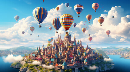A floating city in the sky held aloft by giant balloon