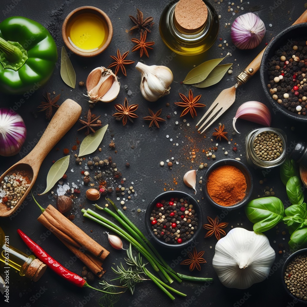 Poster a thoughtfully arranged tableau of spices, oils, and vegetables, poised on a dark slate backdrop. ea