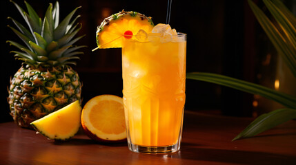 A fruity rum punch with slices of pineapple and orange - obrazy, fototapety, plakaty