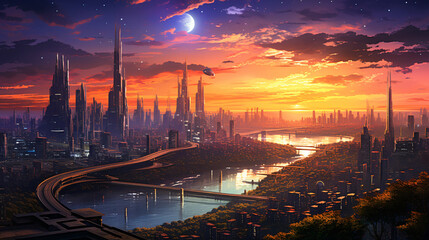 Fototapeta na wymiar A futuristic cityscape at sunset with the sky ablaze