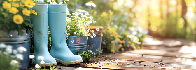 Gardening background with flowerpots, pastel blue boots in sunny spring or summer garden - obrazy, fototapety, plakaty