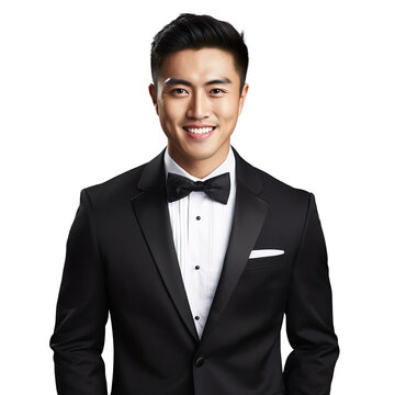 front view mid body shot of a handsome Asian man dressed in a  classic black tuxedo with a white dress shirt and a black satin bowtie, smiling on a white transparent background