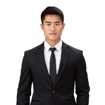 front view mid body shot of a handsome Asian man dressed in a classic black suit with a crisp white dress shirt and a black silk tie, smiling on a white transparent background