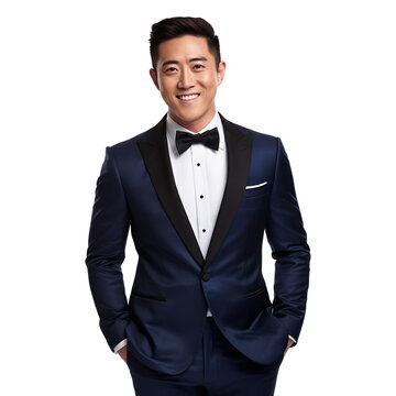 Front View Mid Body Shot Of A Handsome Asian Man Dressed In A  Midnight Blue Velvet Tuxedo With A Black Silk Bowtie And A White Pocket Square, Smiling On A White Transparent Background