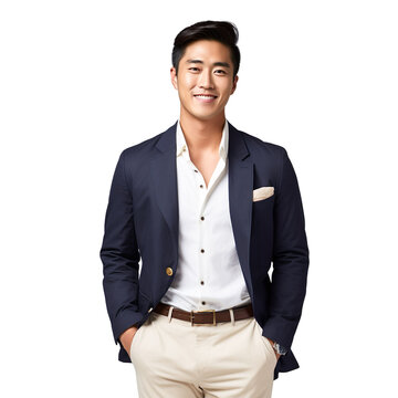 front view mid body shot of a handsome Asian man dressed in a  a navy blue blazer with gold buttons and cream-colored trousers, smiling on a white transparent background