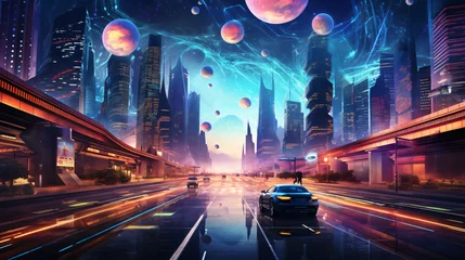 Rugzak A futuristic cityscape with holographic displays and f © franklin