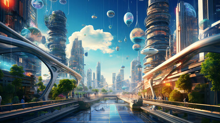 A futuristic cityscape with holographic advertisements - obrazy, fototapety, plakaty