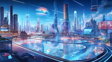 Zelfklevend Fotobehang A futuristic cityscape with holographic displays and f © franklin