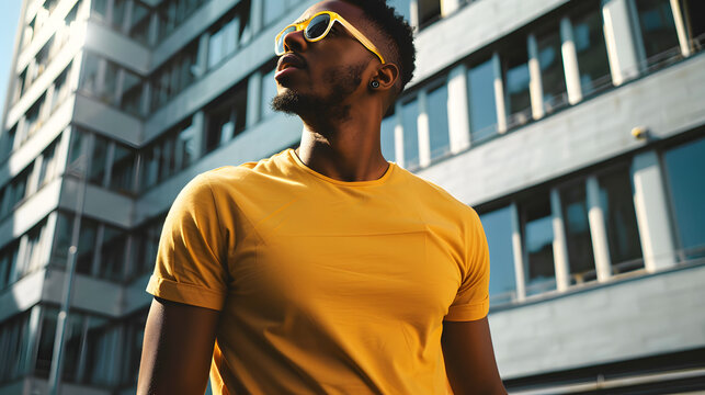 mockup featuring a stylish black man with sunglasses wearing a vibrant yellow t-shirt, strolling confidently city street, emanating urban chic and modern flair amidst the lively cityscape 
