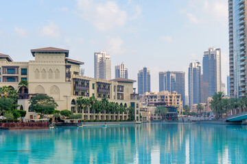 Dubai downtown district. Burj Khalifa Lake near the Dubai mall
