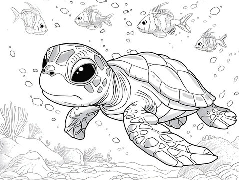 coloring page, turtle in the sea
