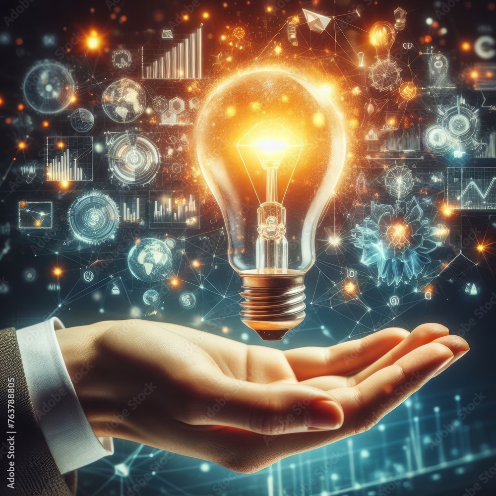 Poster a single light bulb cradled in a hand symbolizes a moment of innovation against a backdrop of comple
