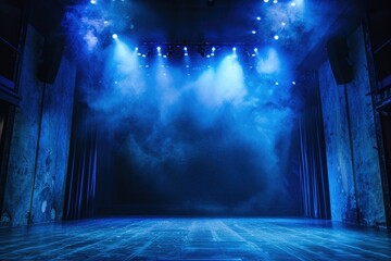 An empty stage awaits bathed in dramatic blue spotlighting - obrazy, fototapety, plakaty