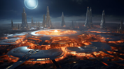 A futuristic spaceport with spacecraft coming and goin - obrazy, fototapety, plakaty